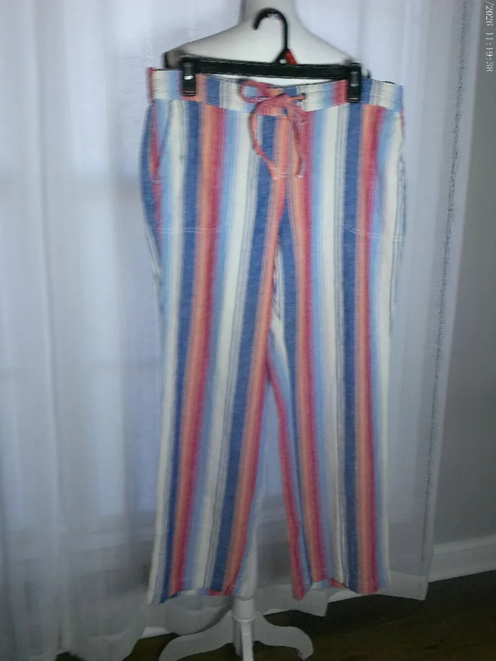 PER SE Elastic Waist w/Tie Linen Multi-Color Striped Ankle Pants w/Pockets L
